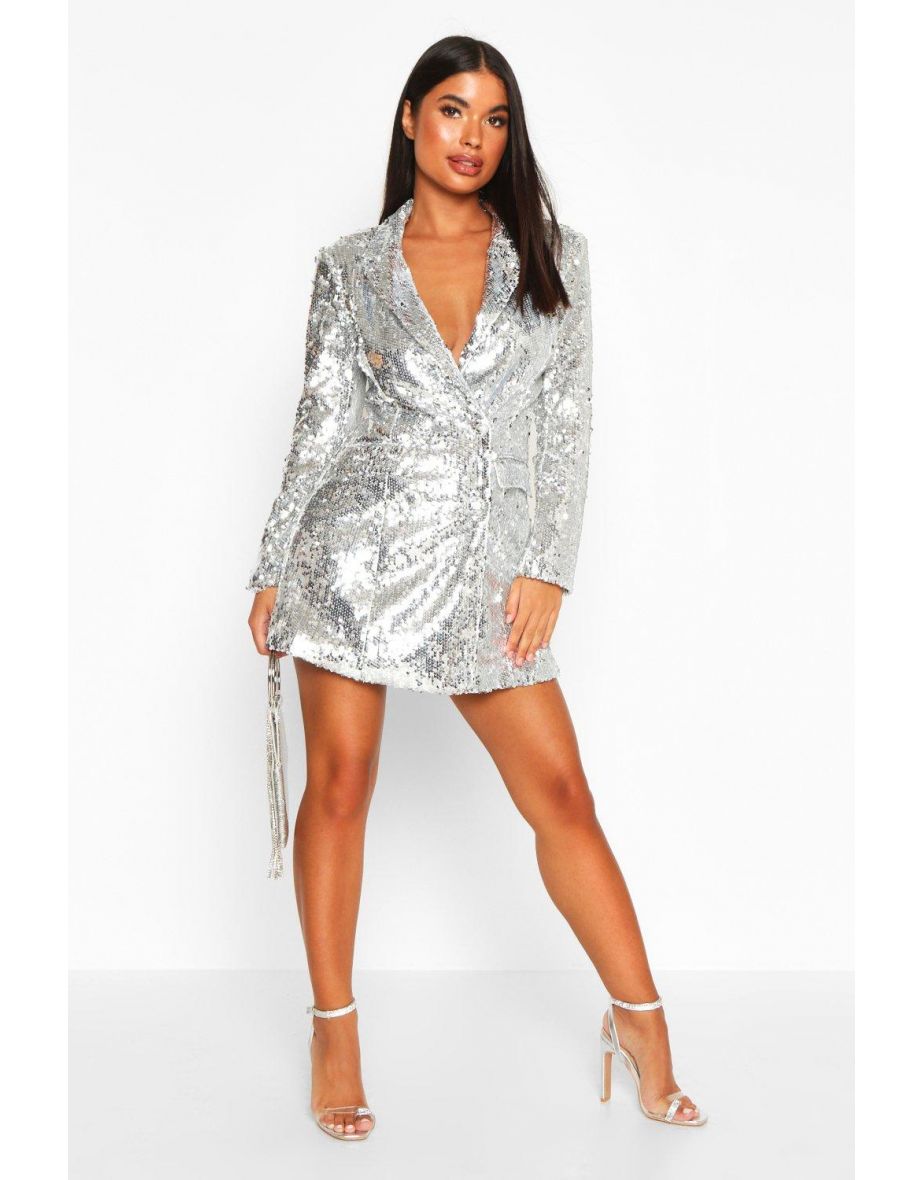 Petite Sequin Blazer Dress - silver - 3