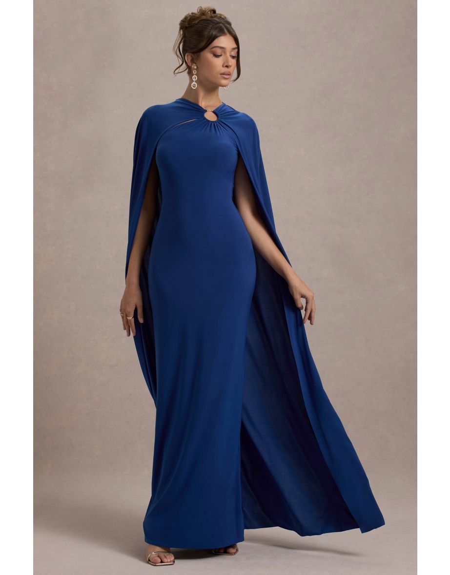 Aliza | Royal Blue Cape Maxi Dress With Gold Ring