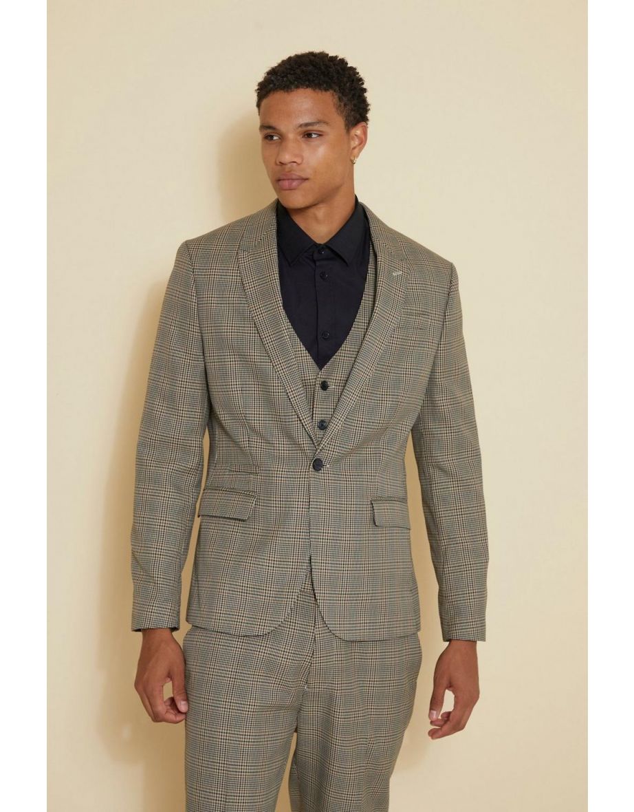 Slim Single Breasted Check Suit Jacket - brown