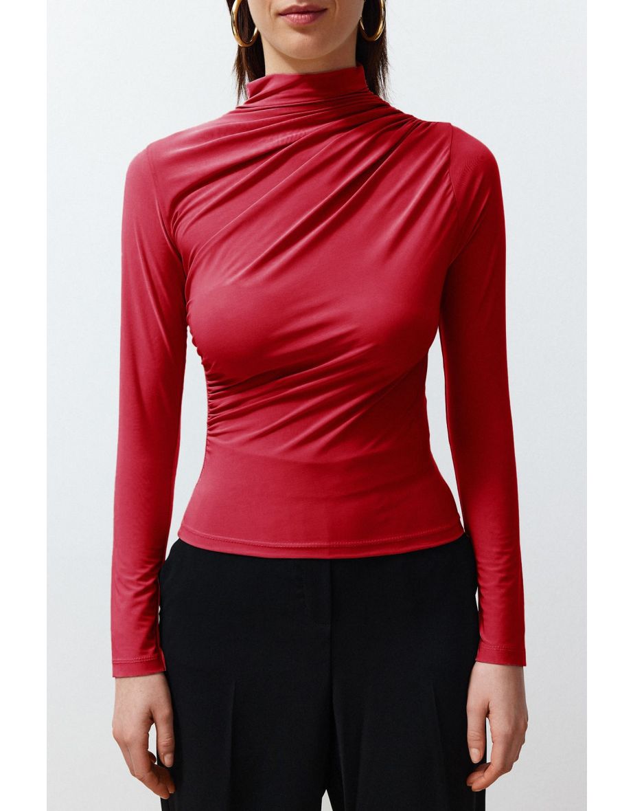 Red Gathered Square Neck Body-Smoothing Flexible Knitted Blouse - 7