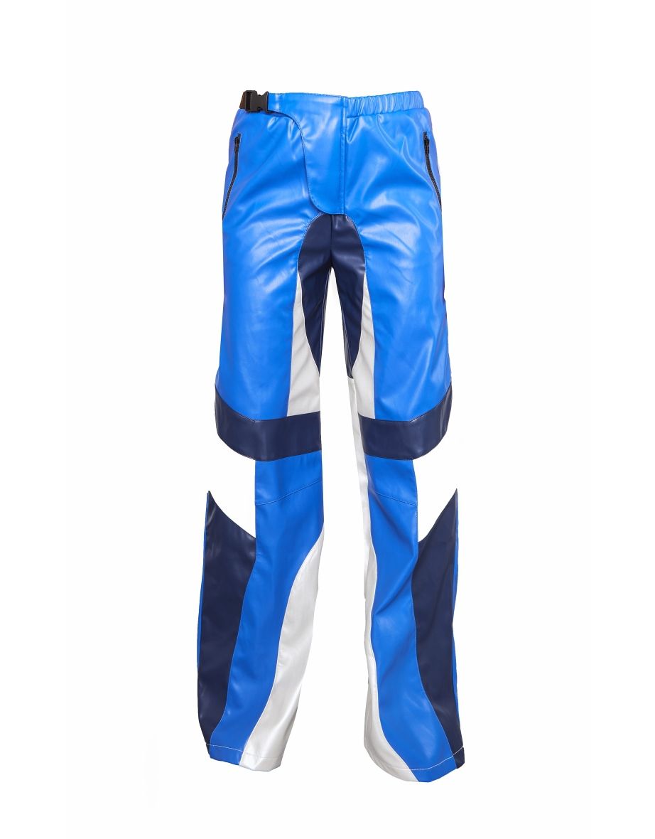Blue Faux Leather Panel Detail Motorcross Trousers - 4