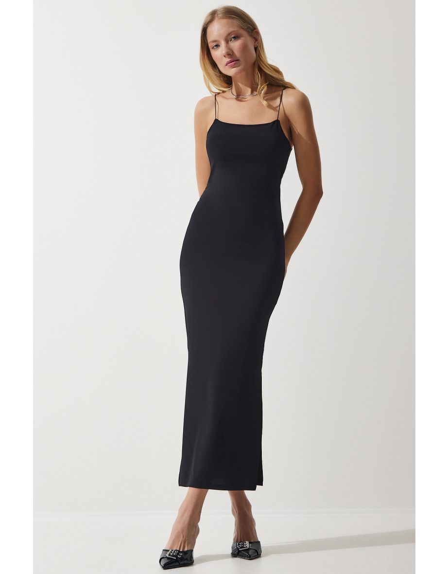 Women's Black String Strap Slit Wrap Sandy Dress