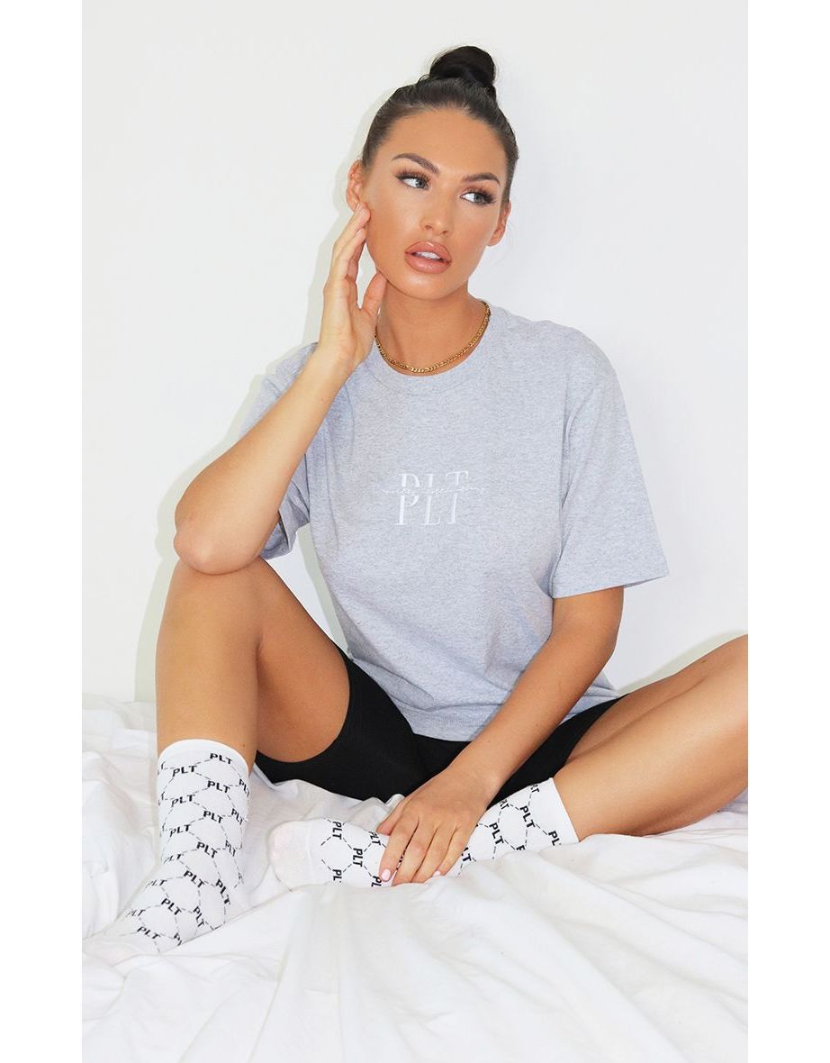 PRETTYLITTLETHING Grey Embroidered T Shirt