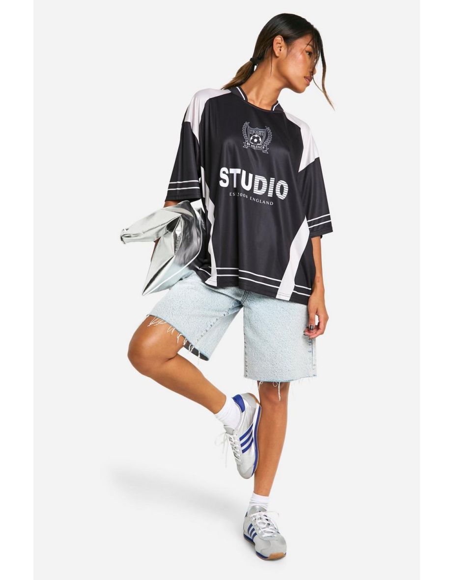 Studio Slogan Mono Collared Football T-shirt - black