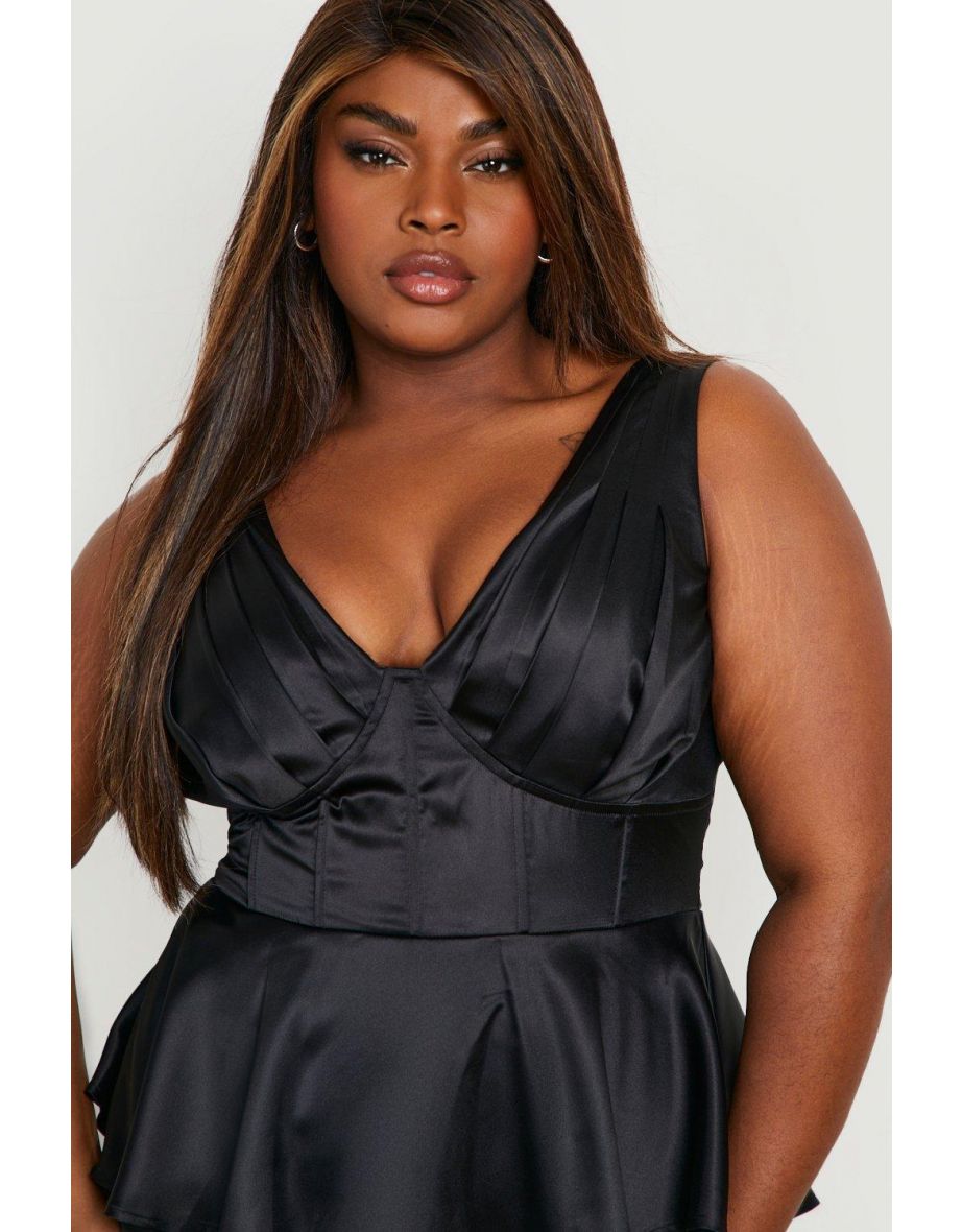 Plus Satin Corset Peplum Midi Dress - black - 3