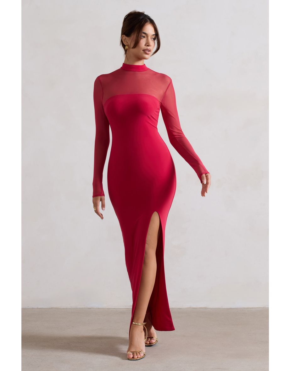 Enchantress | Red High-Neck Split Maxi Dress With Mesh Sleeves