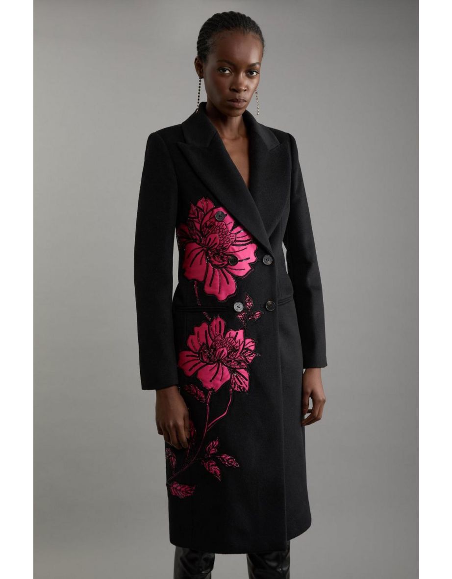 Wool Blend Satin Applique Embellished Double Breasted Tailored Midi Coat