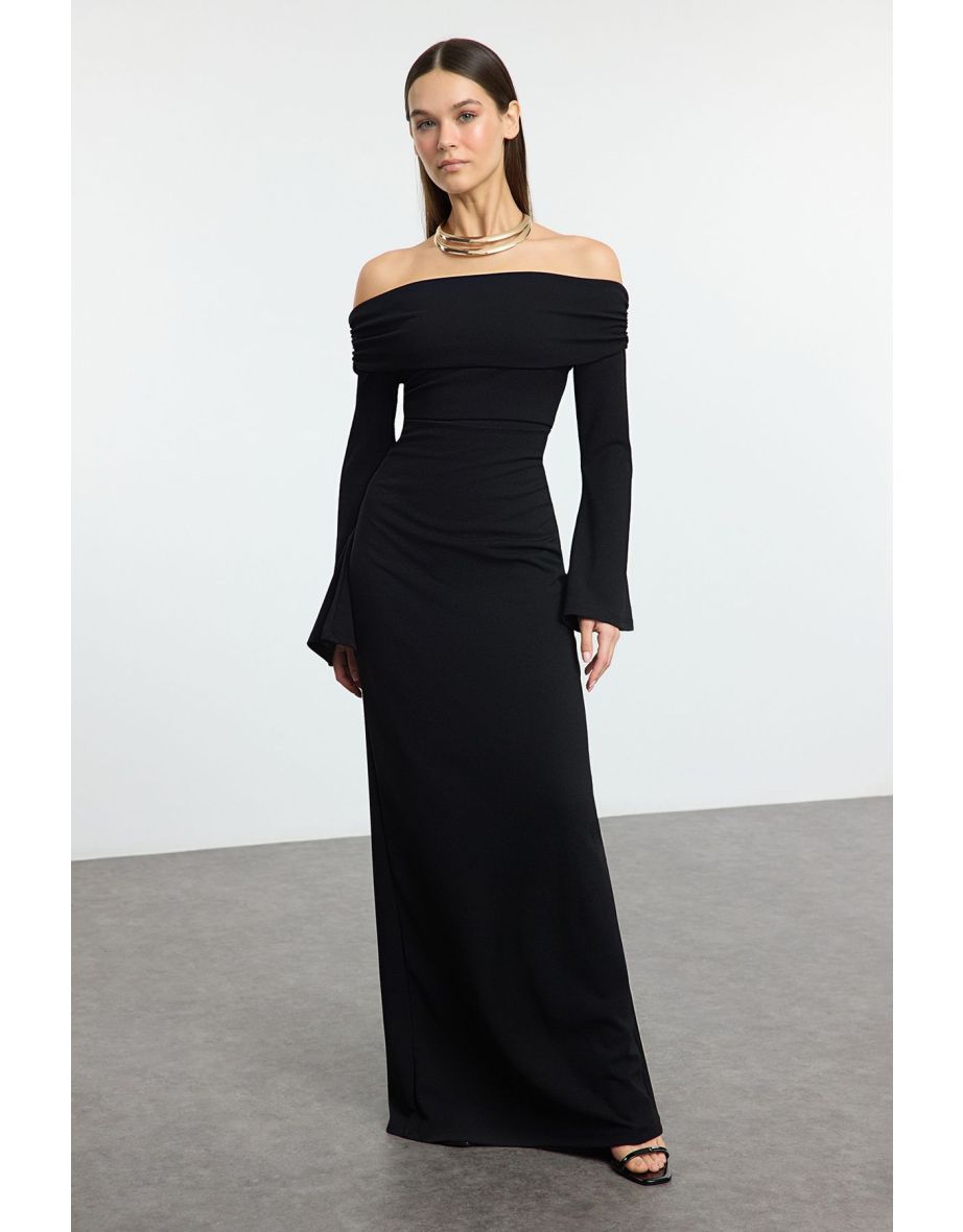 Black Knitted Carmen Neckline Long Stylish Evening Dress