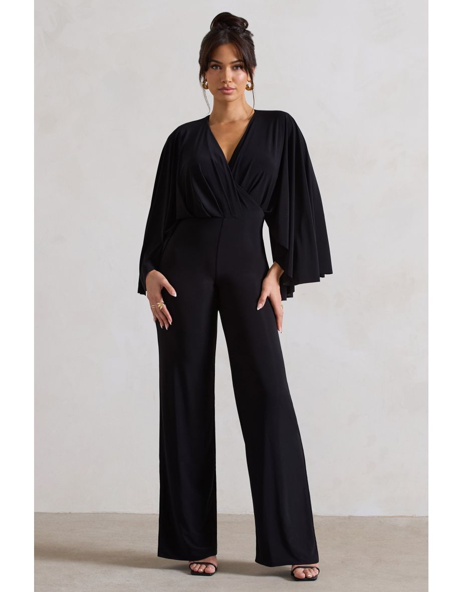 Shop Nori Black Plunge Neck Straight Leg Cape Jumpsuit Online in Oman VogaCloset