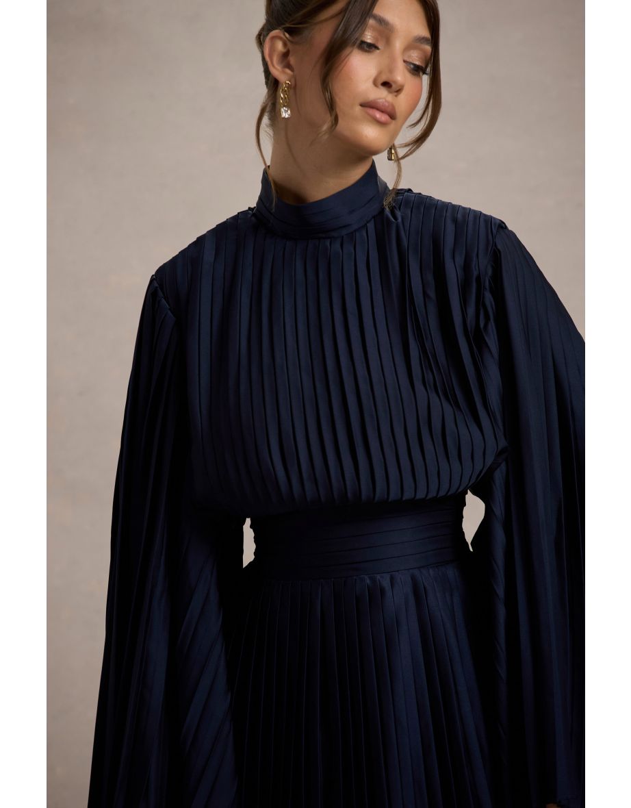 Charity | Navy Pleated High-Neck Mini Dress With Cape Sleeves - 6