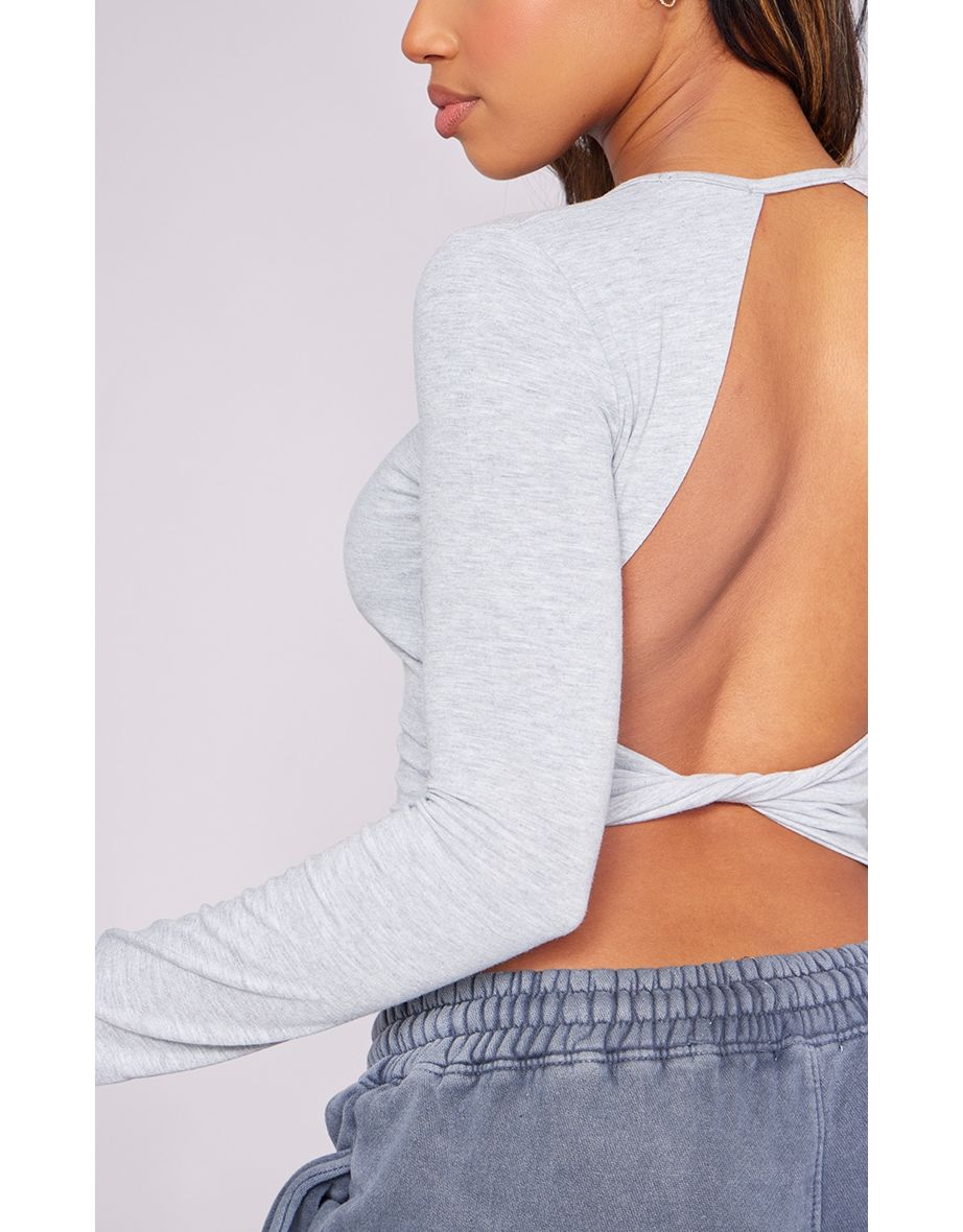 Grey Marl Twist Open Back Long Sleeve Top - 3