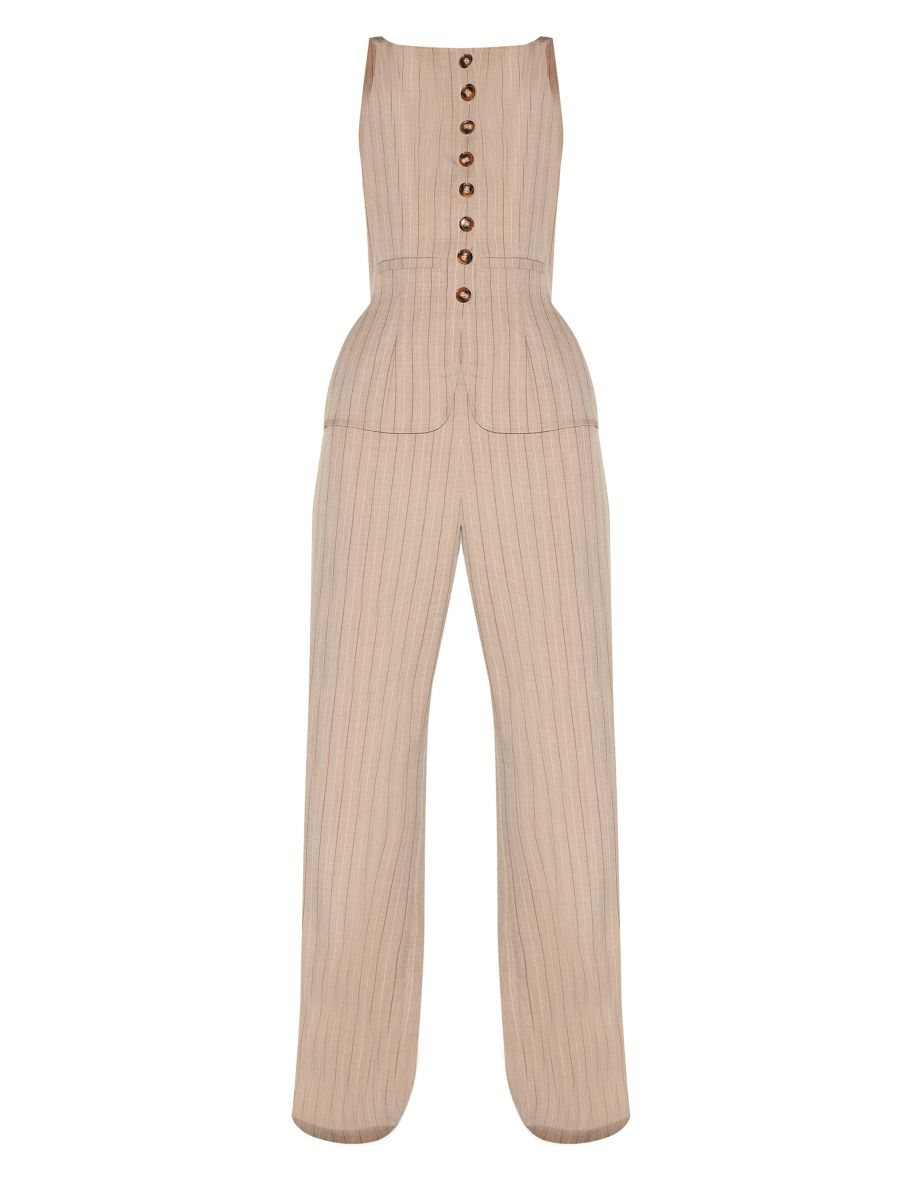 Brown Pinstripe Linen Button Down Peplum Hem Jumpsuit - 4