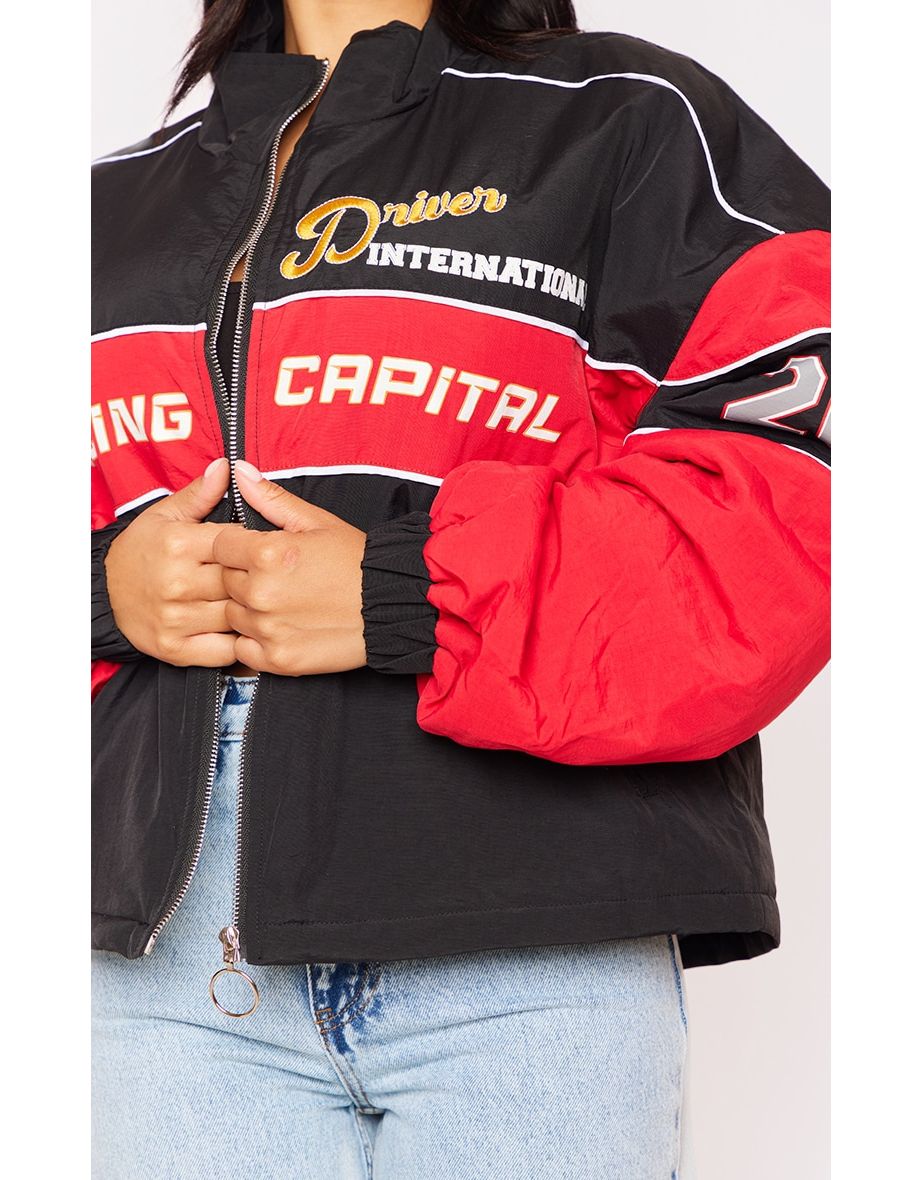 Shop Petite Black Oversized Slogan Zipped Racer Bomber
