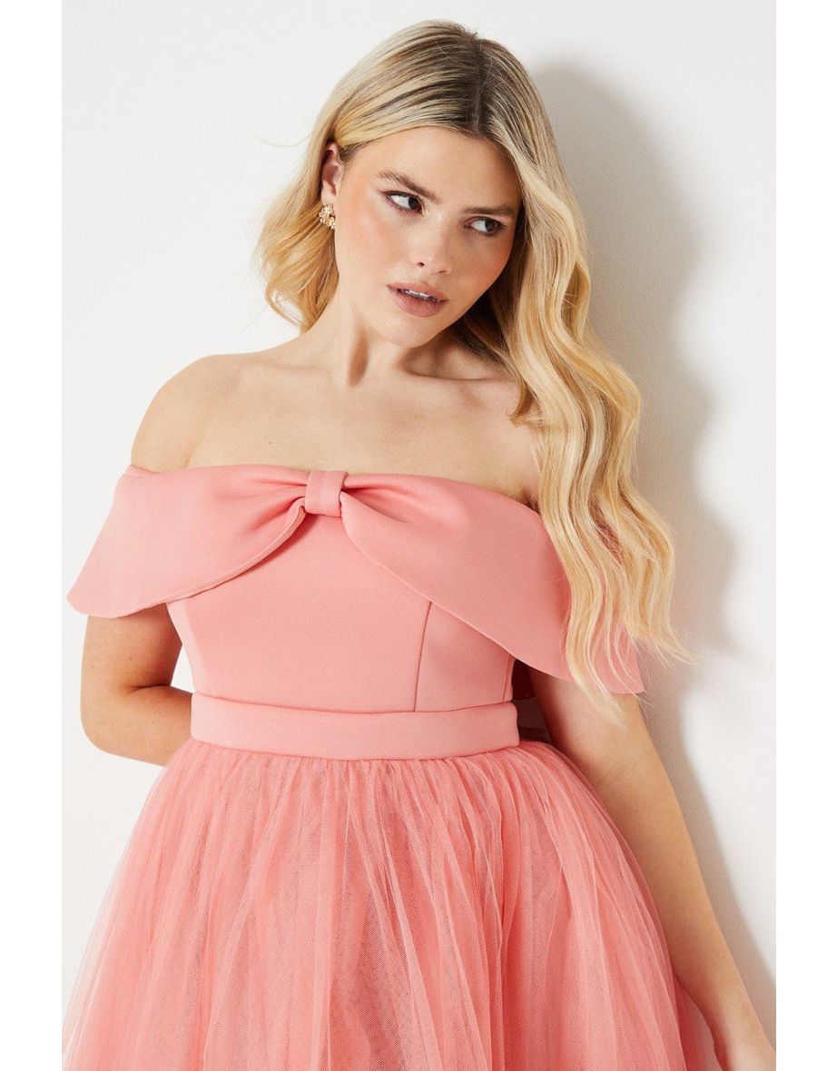 Debut London Bow Detail Bardot Tulle Dress - blush - 3