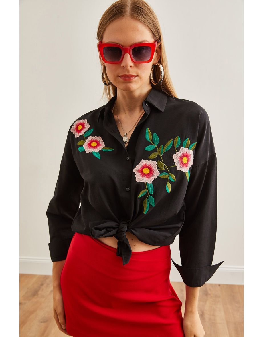 Women's Azalea Black Embroidery Detailed Oversize Woven Shirt