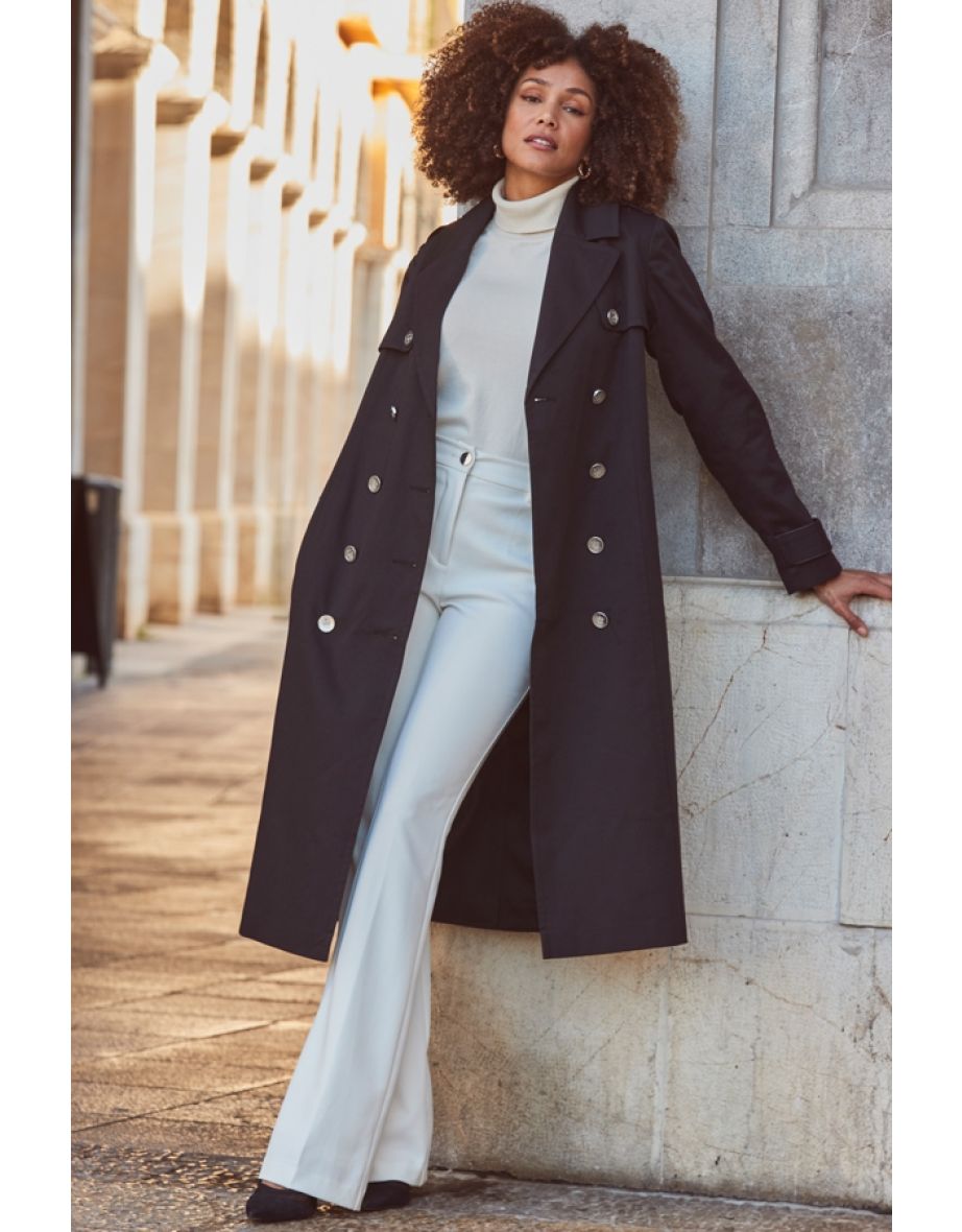 Shop Black Longline Trench Coat With Faux Leather Trim Online in Oman VogaCloset