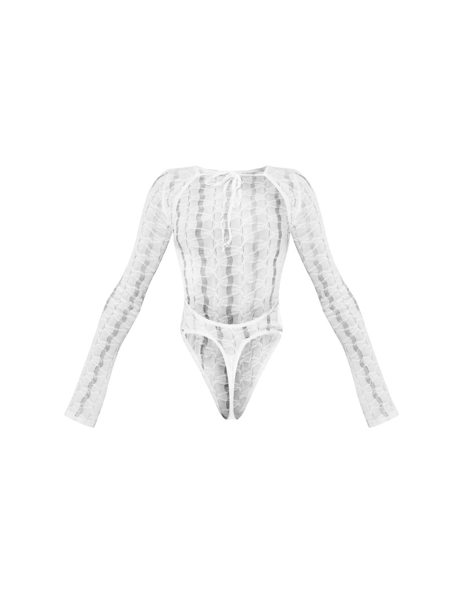 White Textured Backless Long Sleeve Bodysuit - 4