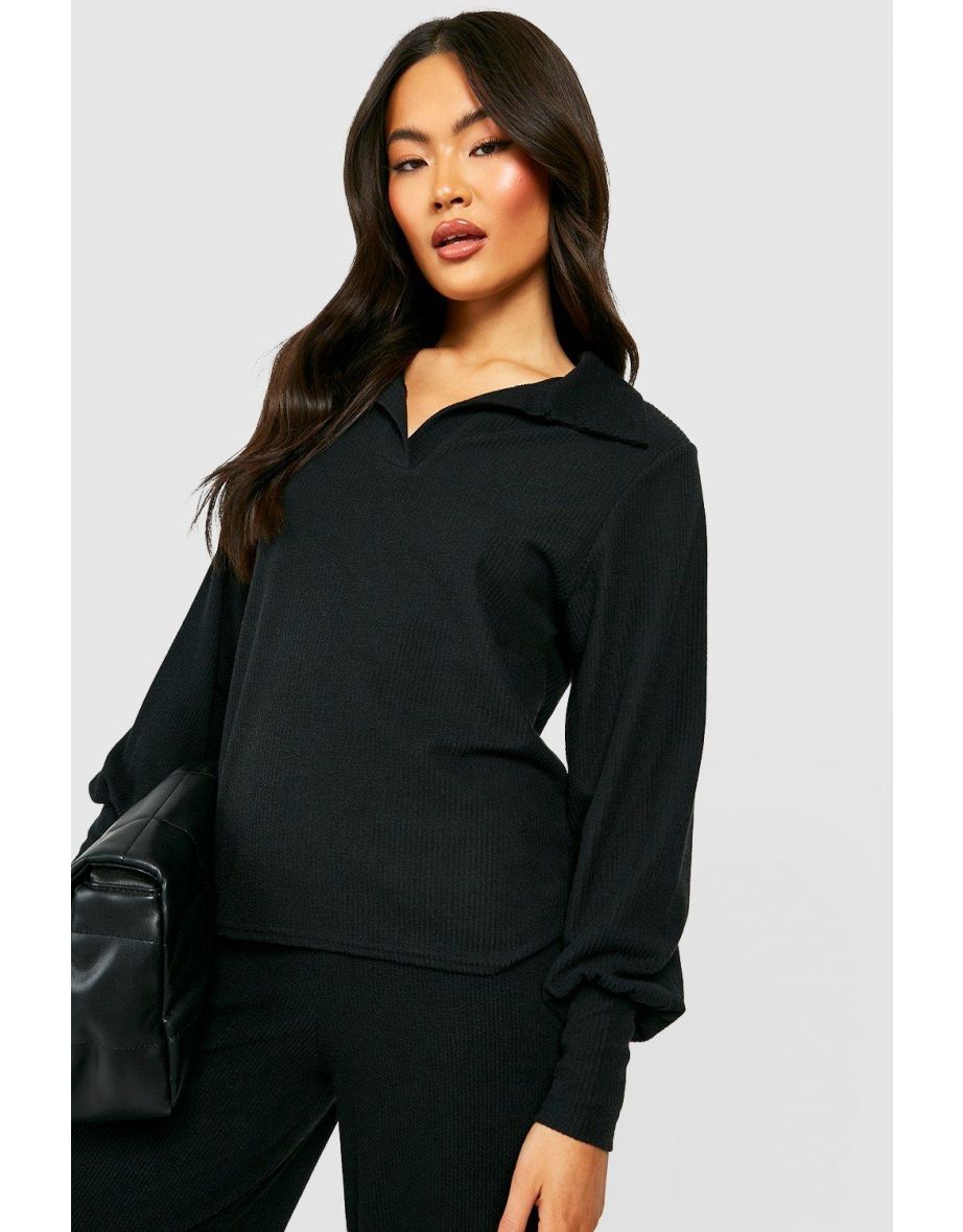 Ribbed Oversized Slouchy V Neck Top - black - 3