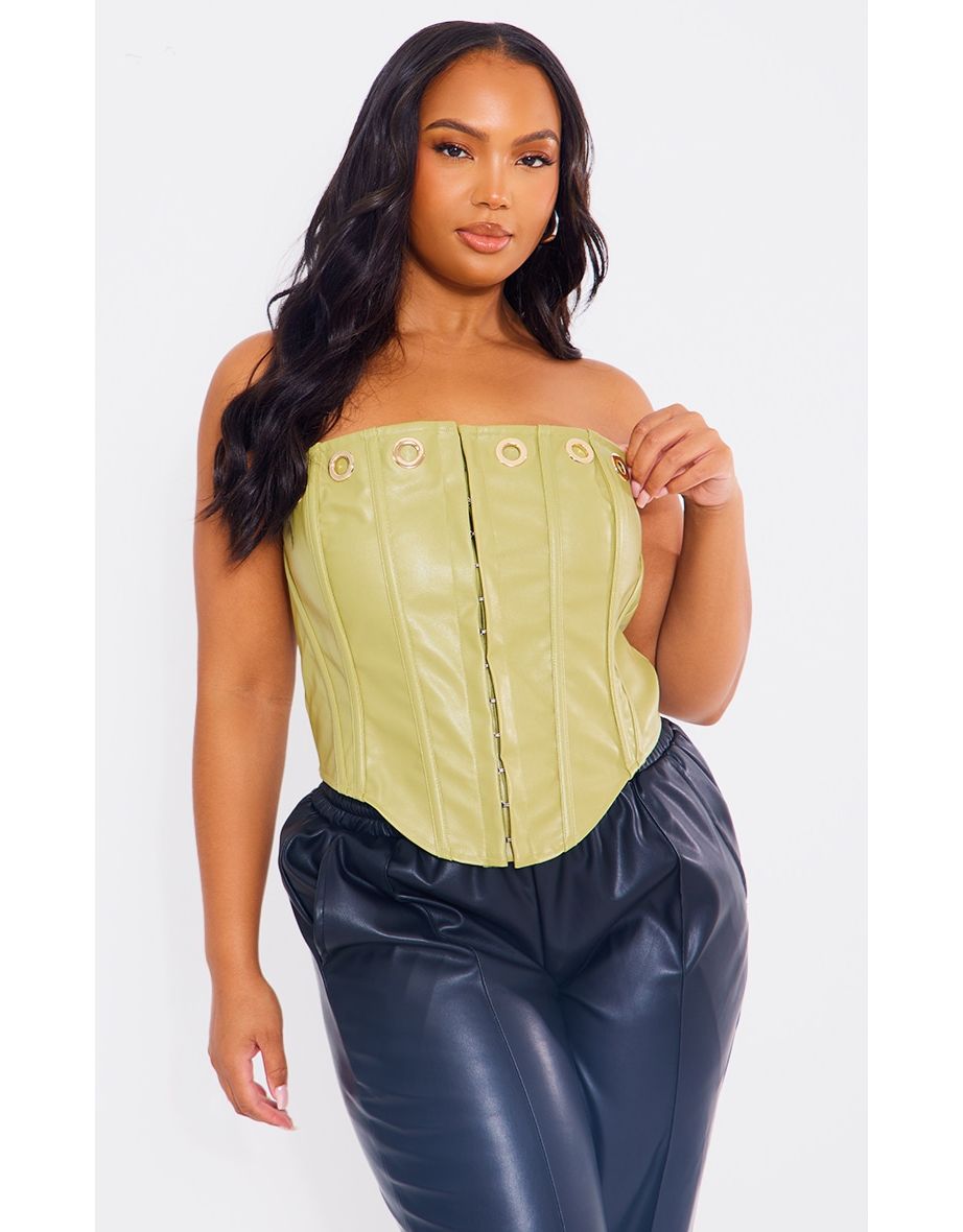 Plus Olive Faux Leather Eyelet Detail Boned Hook And Eye Corset