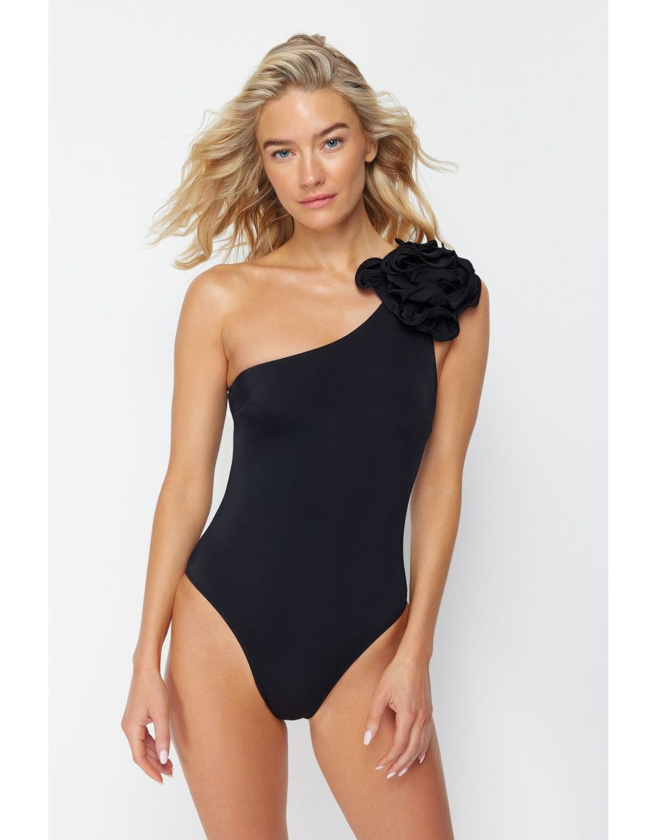Black One-Shoulder Floral Appliqué Swimsuit