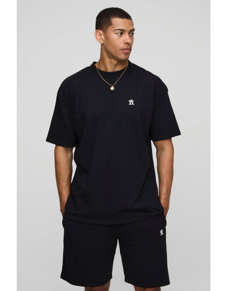 Oversized B Scroll Extended Neck T-Shirt And Short Set - black
