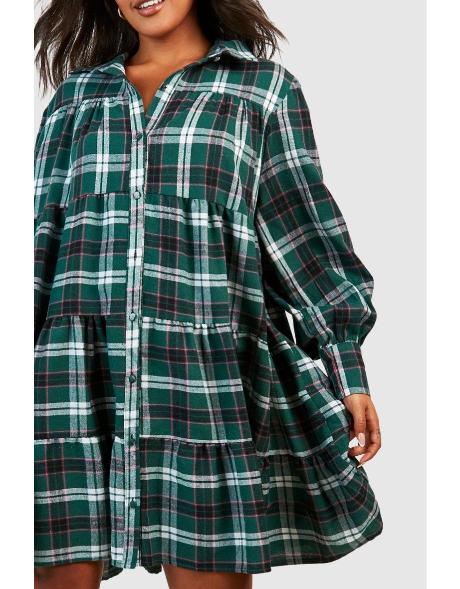 Plus Check Ruffle Hem Oversized Smock Dress - green - 3