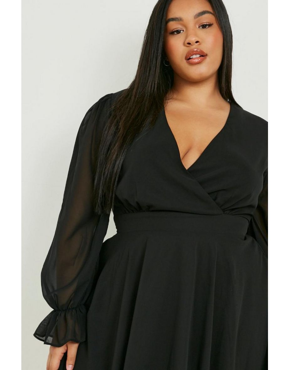 Plus Chiffon Ruffle Sleeve Skater Dress - black - 3