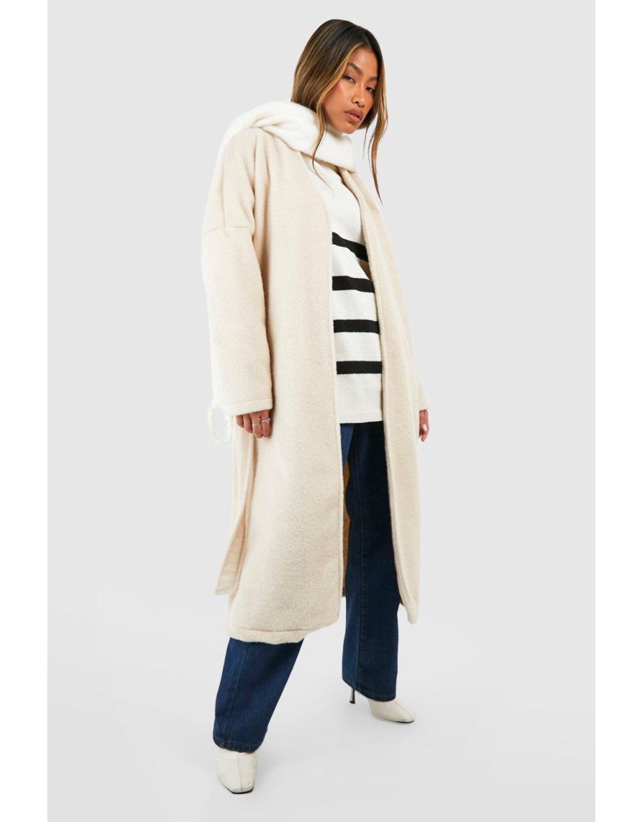 Boohoo Textured Belted Faux Fur Coat in White