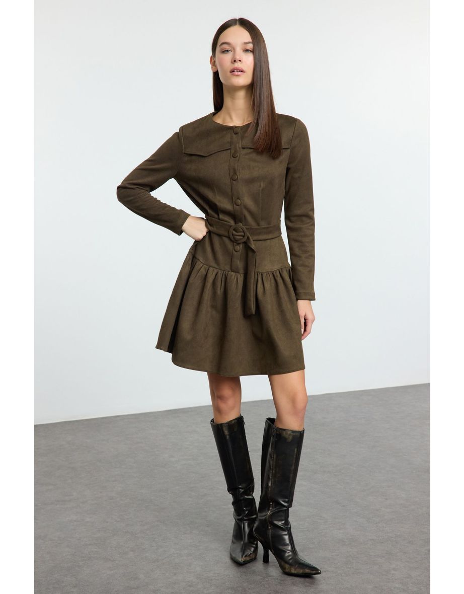Khaki Belted Plain Mini Woven Dress