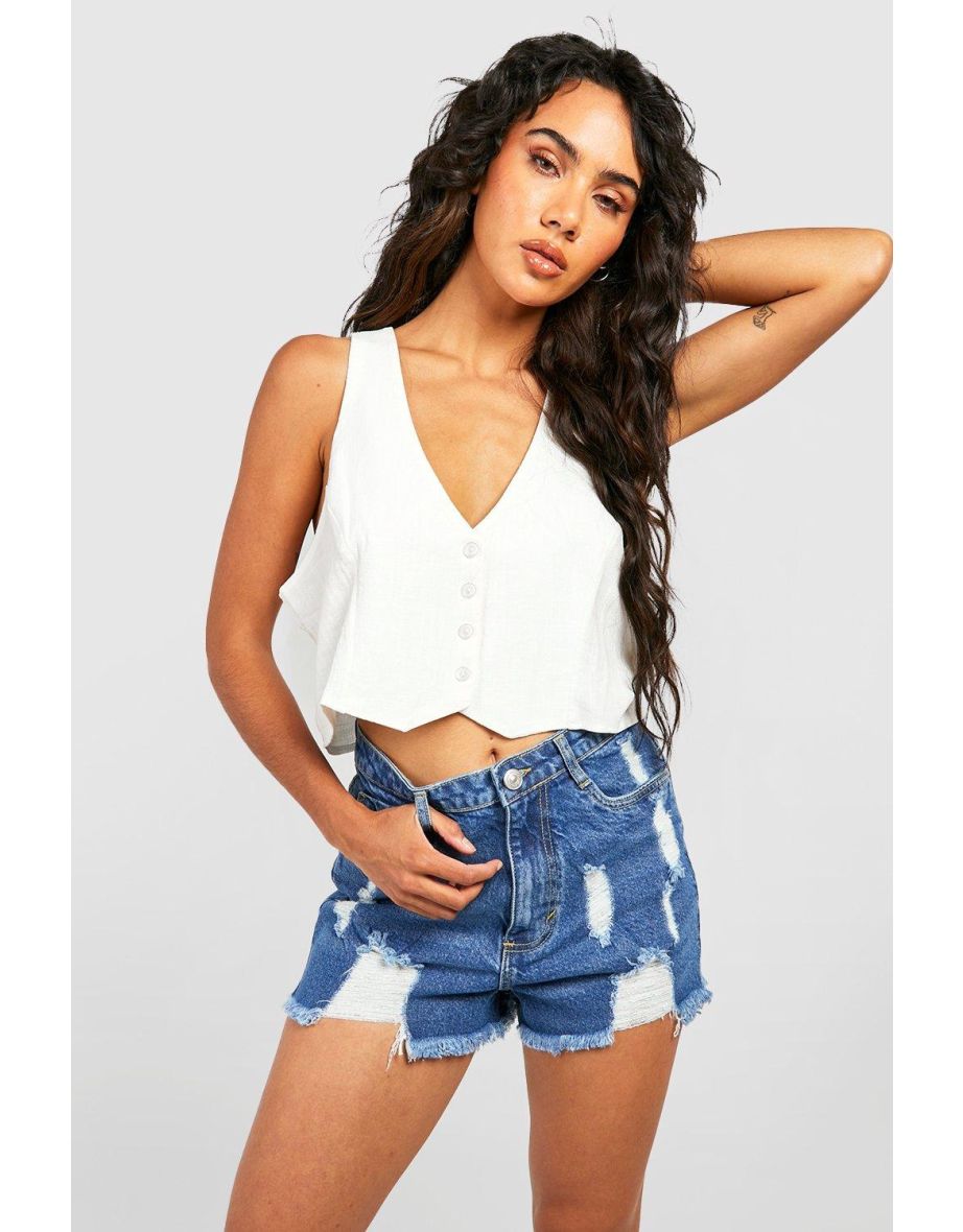 Basic High Rise Distressed Denim Shorts - mid blue
