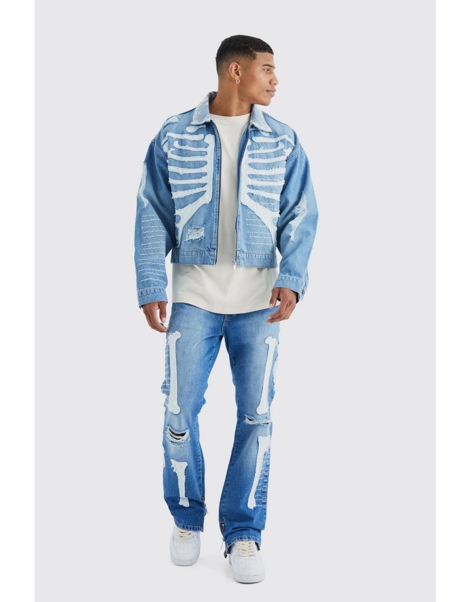 Slim Rigid Flare Skeleton Applique Jeans - mid blue - 2