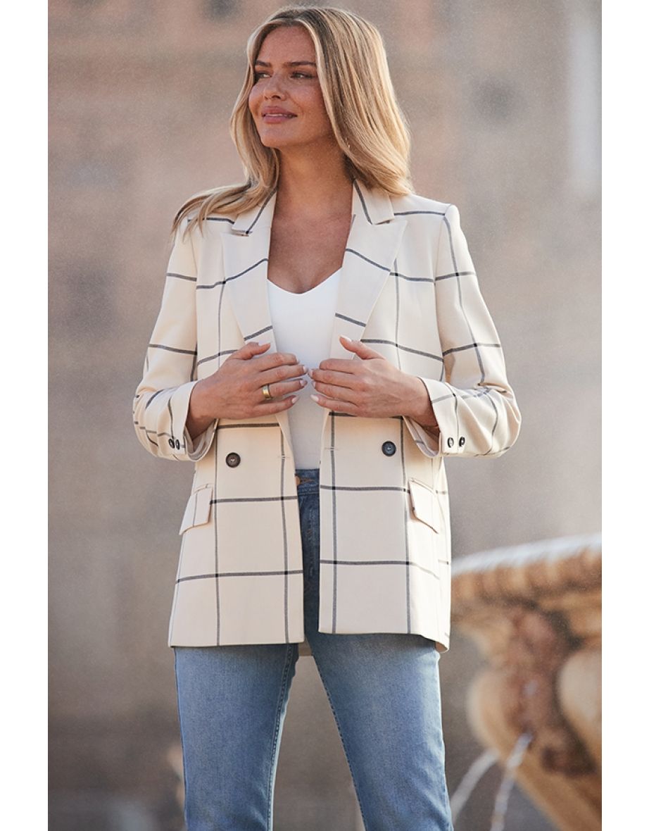 Ivory Check Double Breasted Longline Blazer - 4