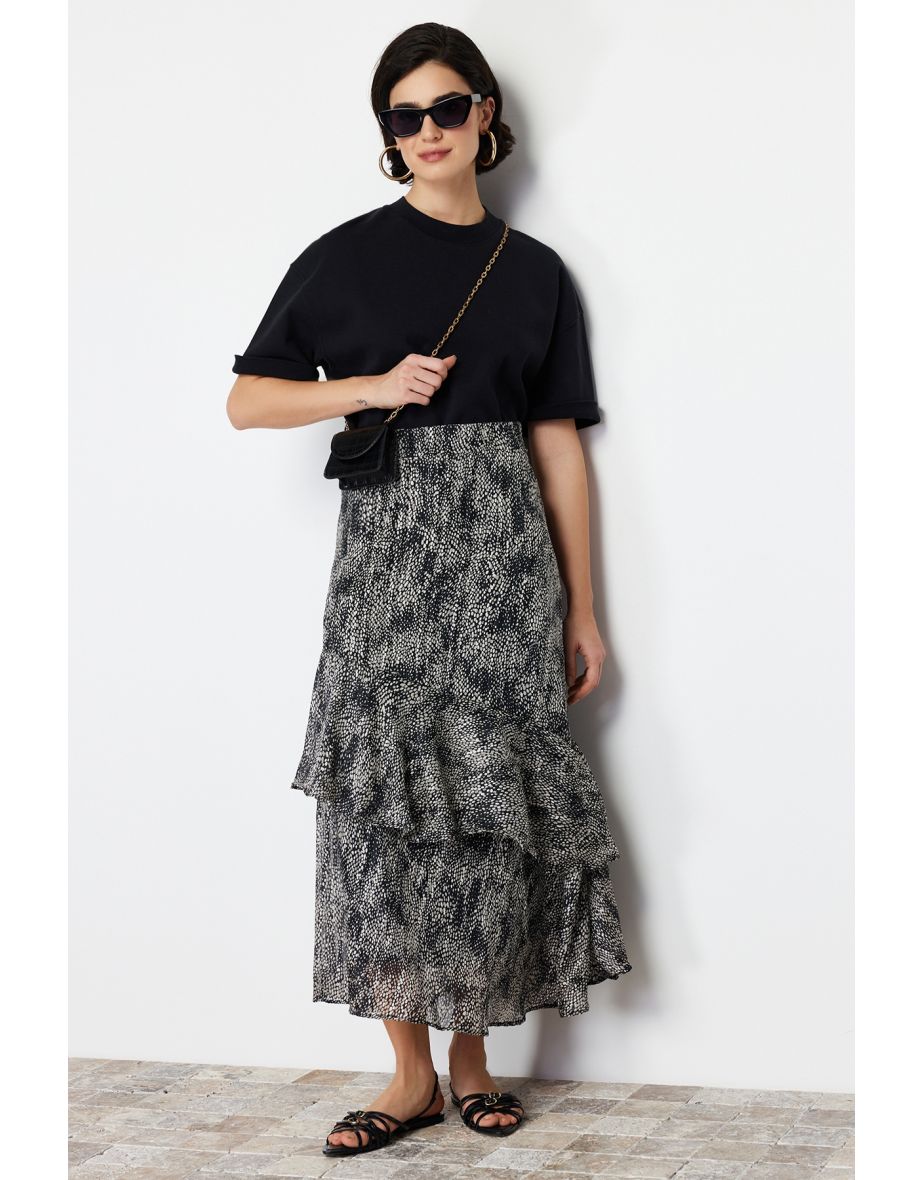 Black Animal Patterned Lined Woven Skirt