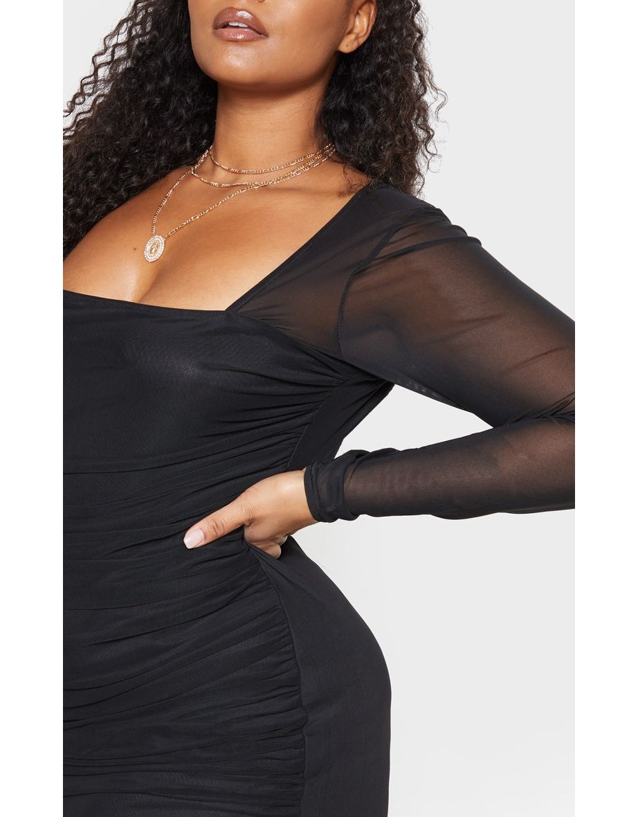 Plus Black Mesh Square Neck Ruched Bodycon Dress - 4