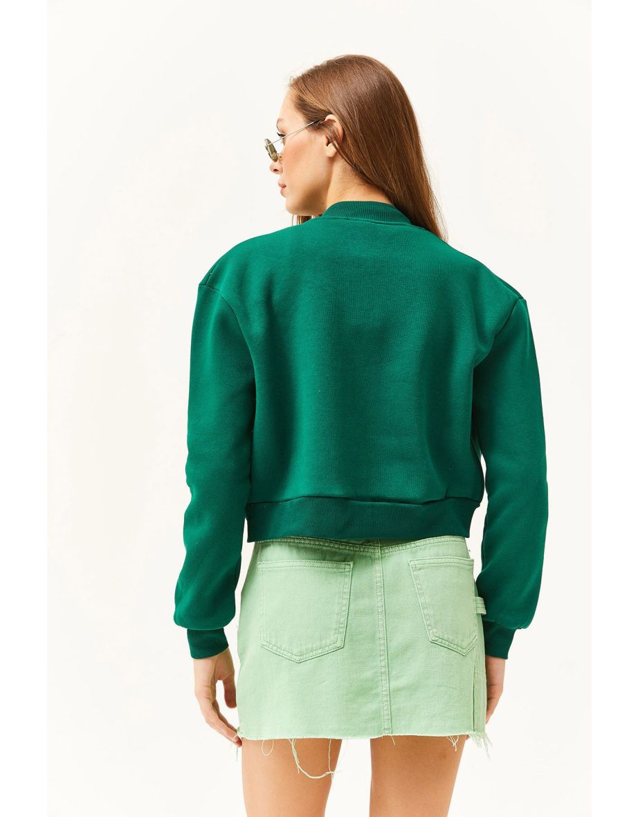 Women's Emerald Green Pocket Snap Closure Fleece Crop Jacket - 4
