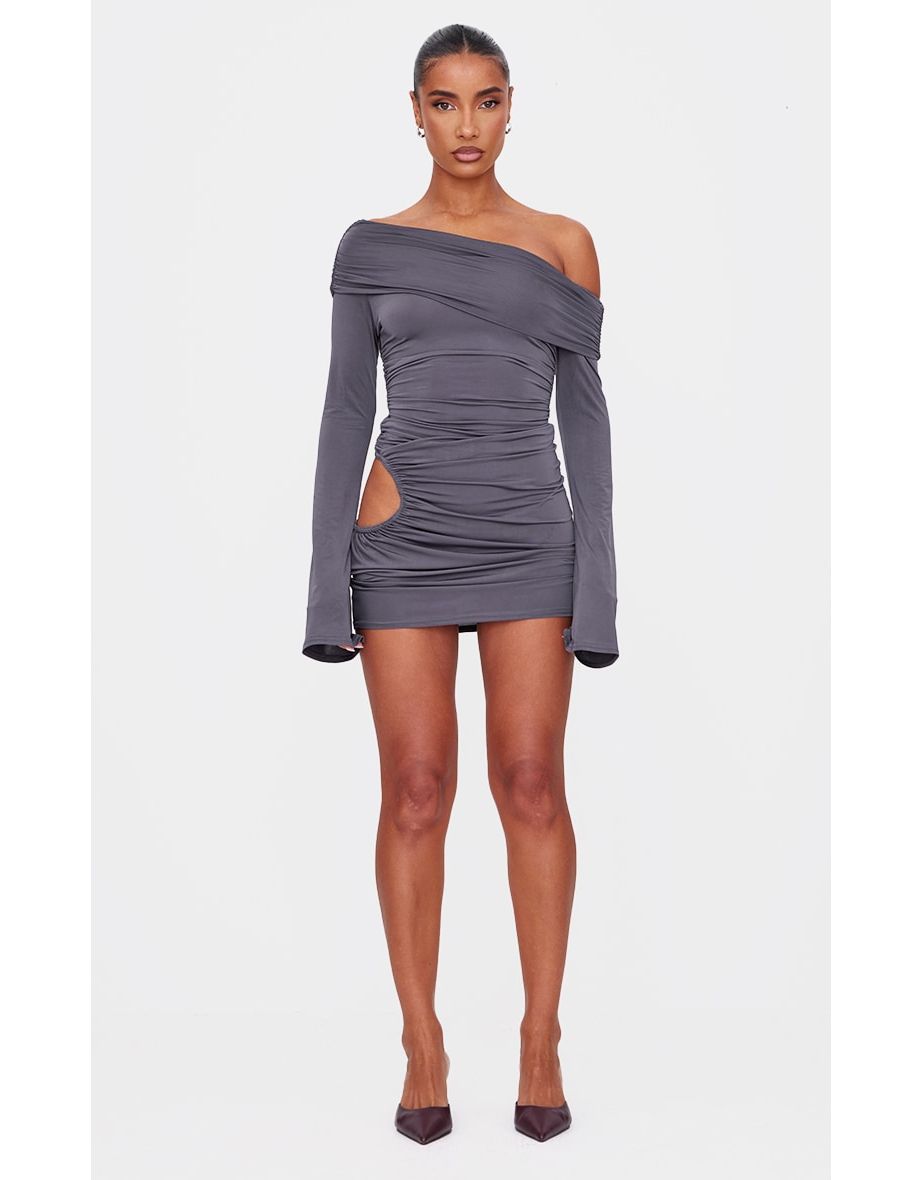 Dark Grey Double Slinky Asymmetric Cut Out Mini Dress