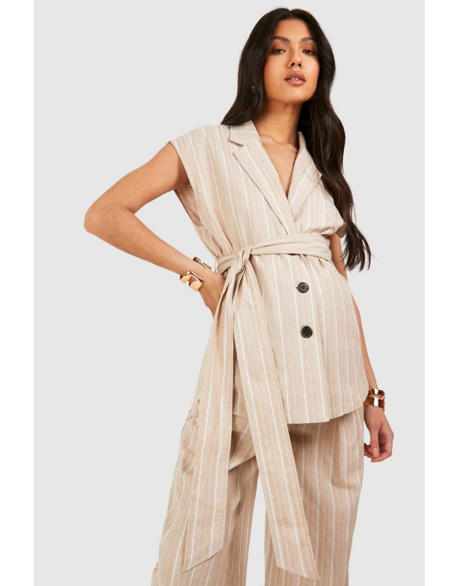 Maternity Stripe Sleeveless Belted Blazer - stone - 3