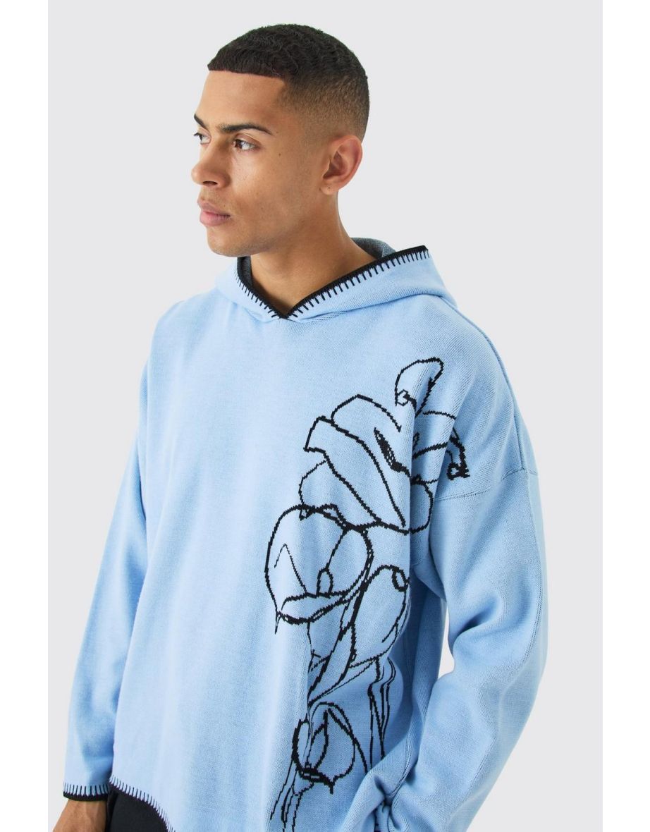 Oversized Drop Shoulder Line Drawing Hoodie - blue