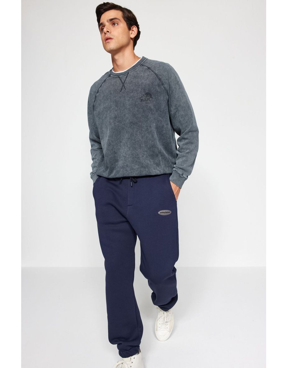 Navy Blue Oversize/Wide Cut Sweatpants with Phone Pocket and Label