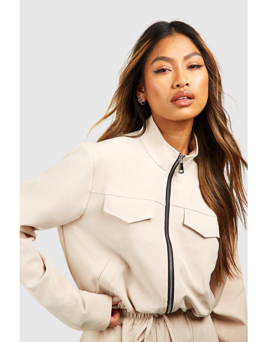Woven Pocket Detail Relaxed Fit Bomber Jacket - stone - 3