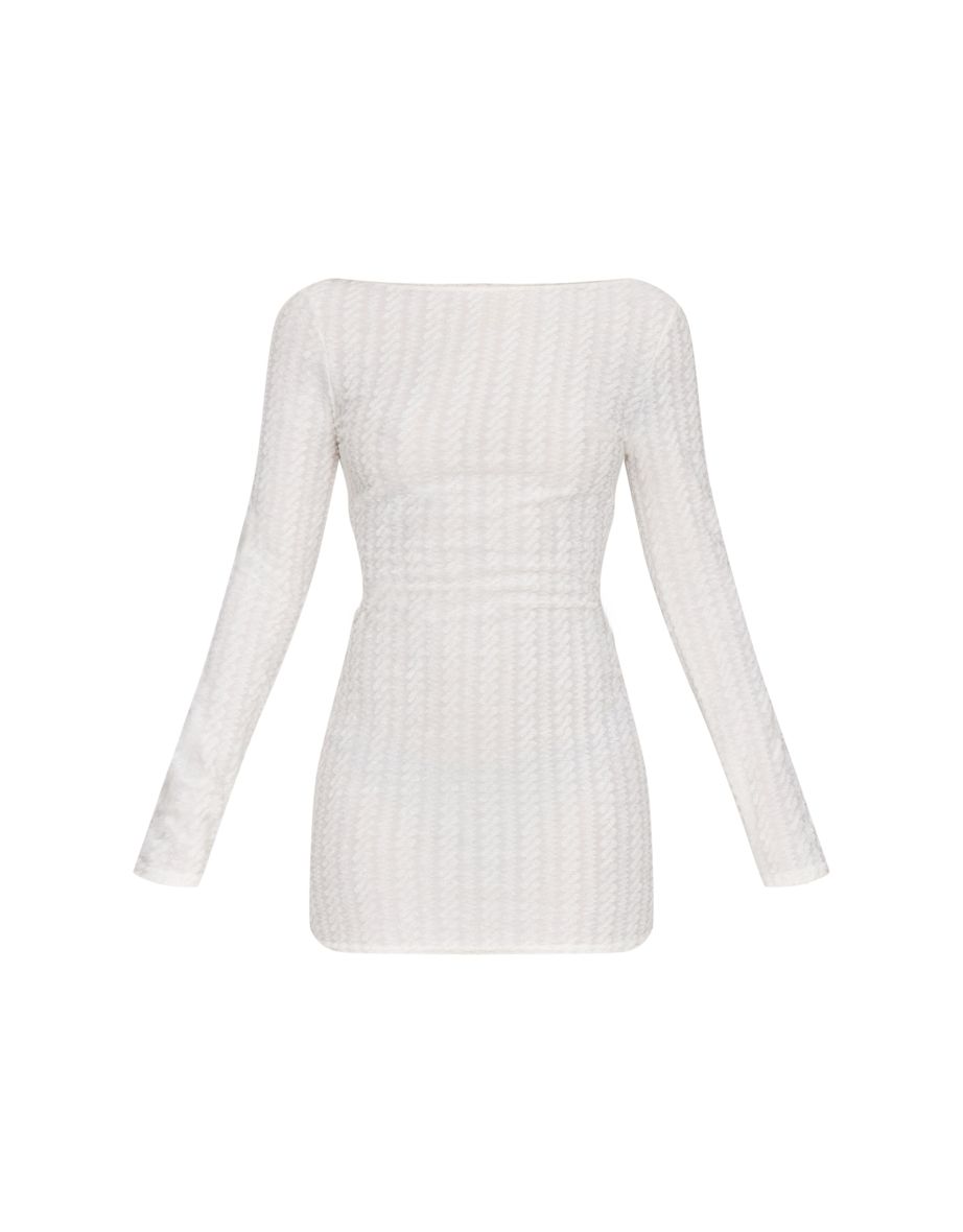 Cream Textured Scoop Back Long Sleeve Bodycon Dress - 4