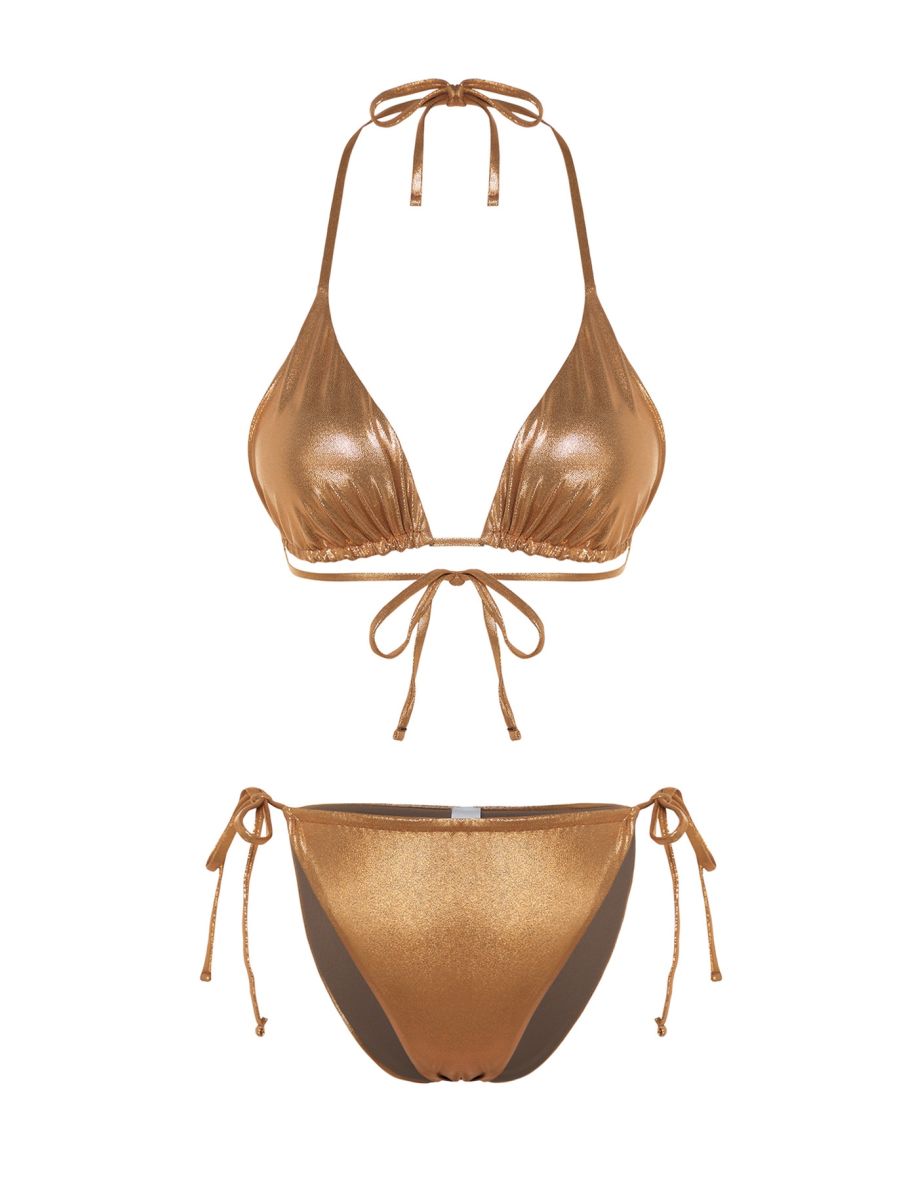 Shiny Lacquer Printed High Leg Bikini Set with Copper Triangle Tunnel