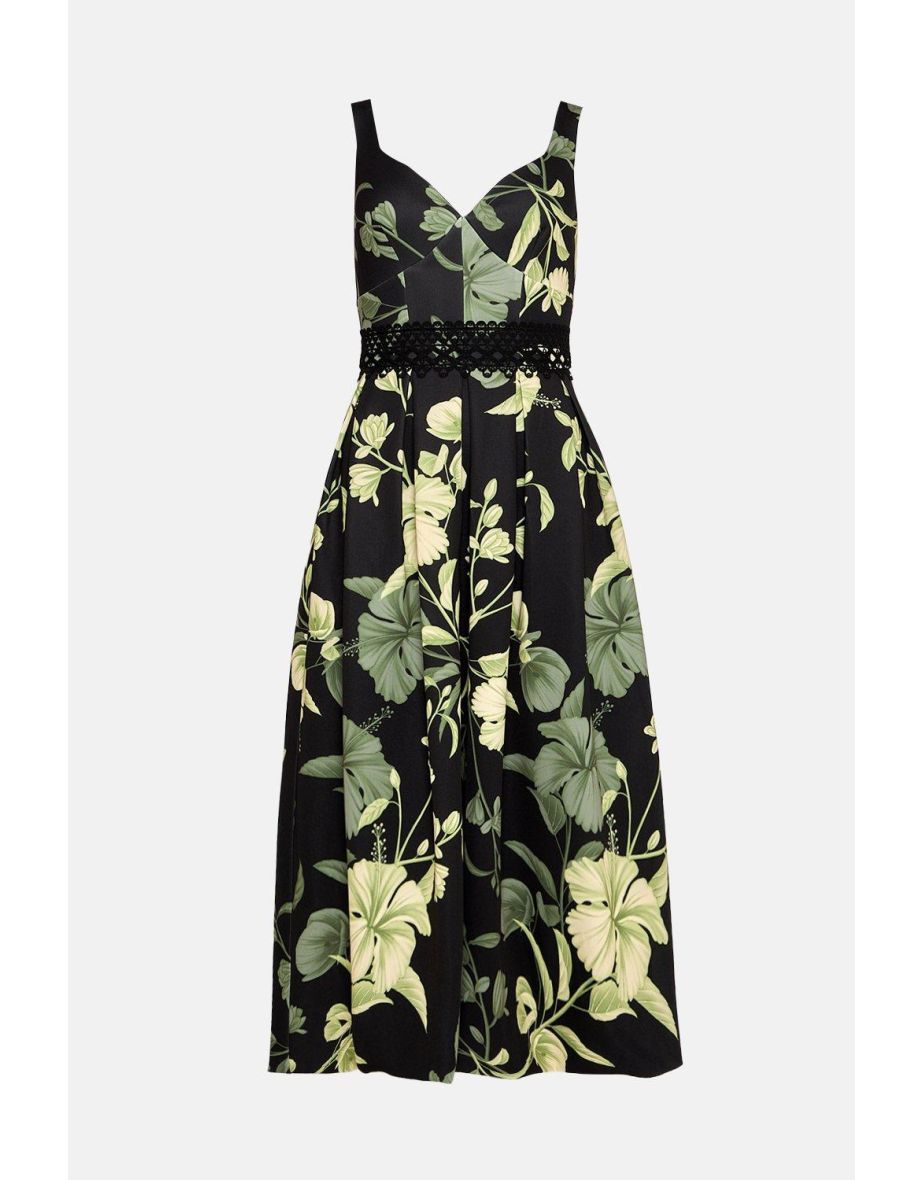 Floral Printed Scuba Lace Detail Midi Dress - 3