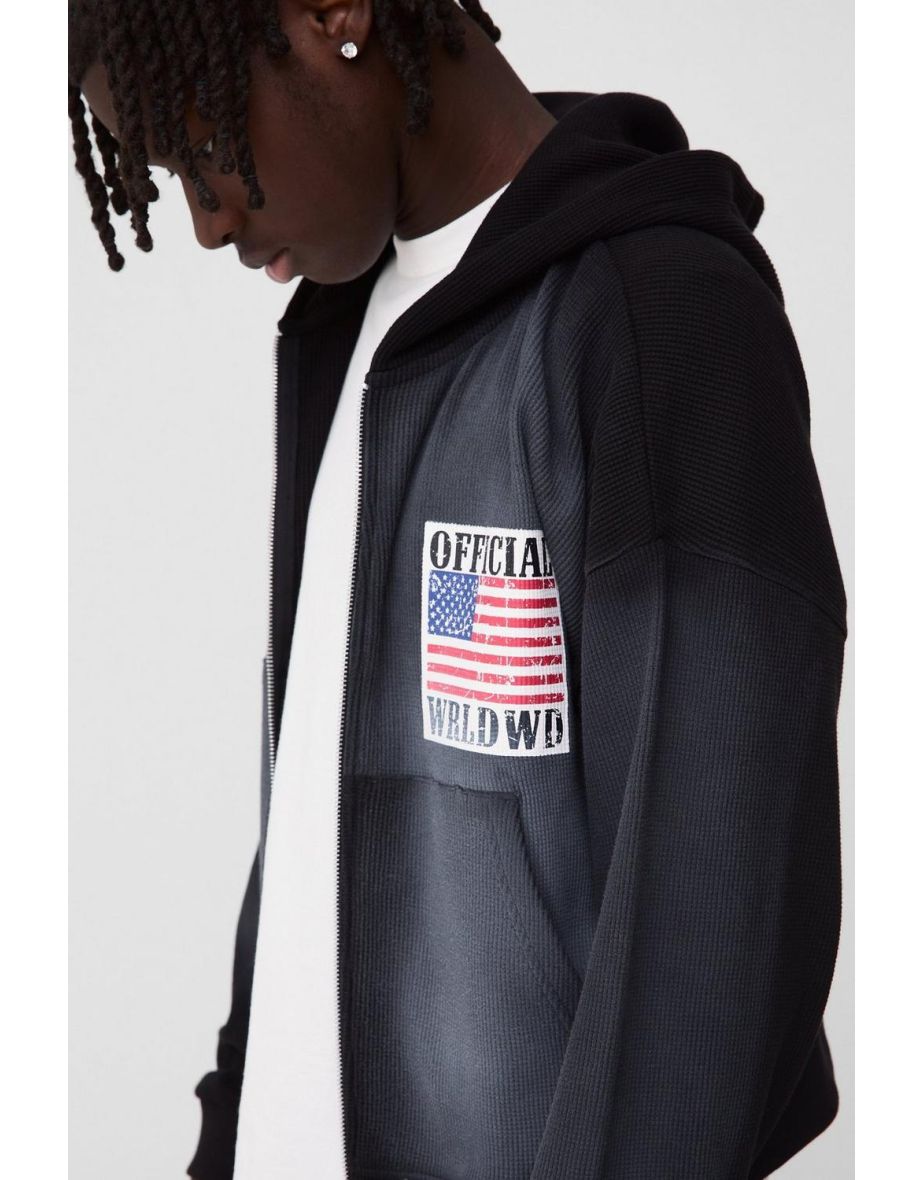 Shrunken Fit Waffle Sun Fade Printed Zip Through Hoodie - 2