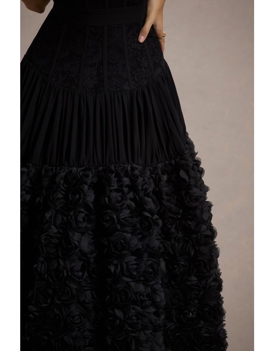 Dame | Black Lace Bandeau Maxi Dress With Floral Hem - 7