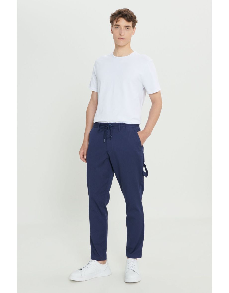 Men's Navy Blue Oversize Loose Cut Tie Waist Cotton Flexible Dobby Side Pocket Trousers