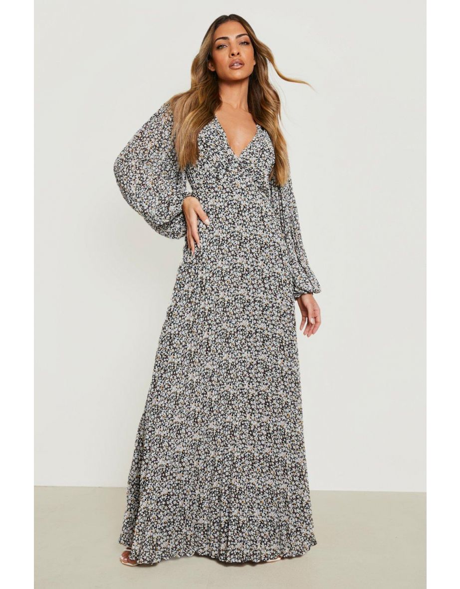 Floral Pleated Wrap Maxi Dress - navy