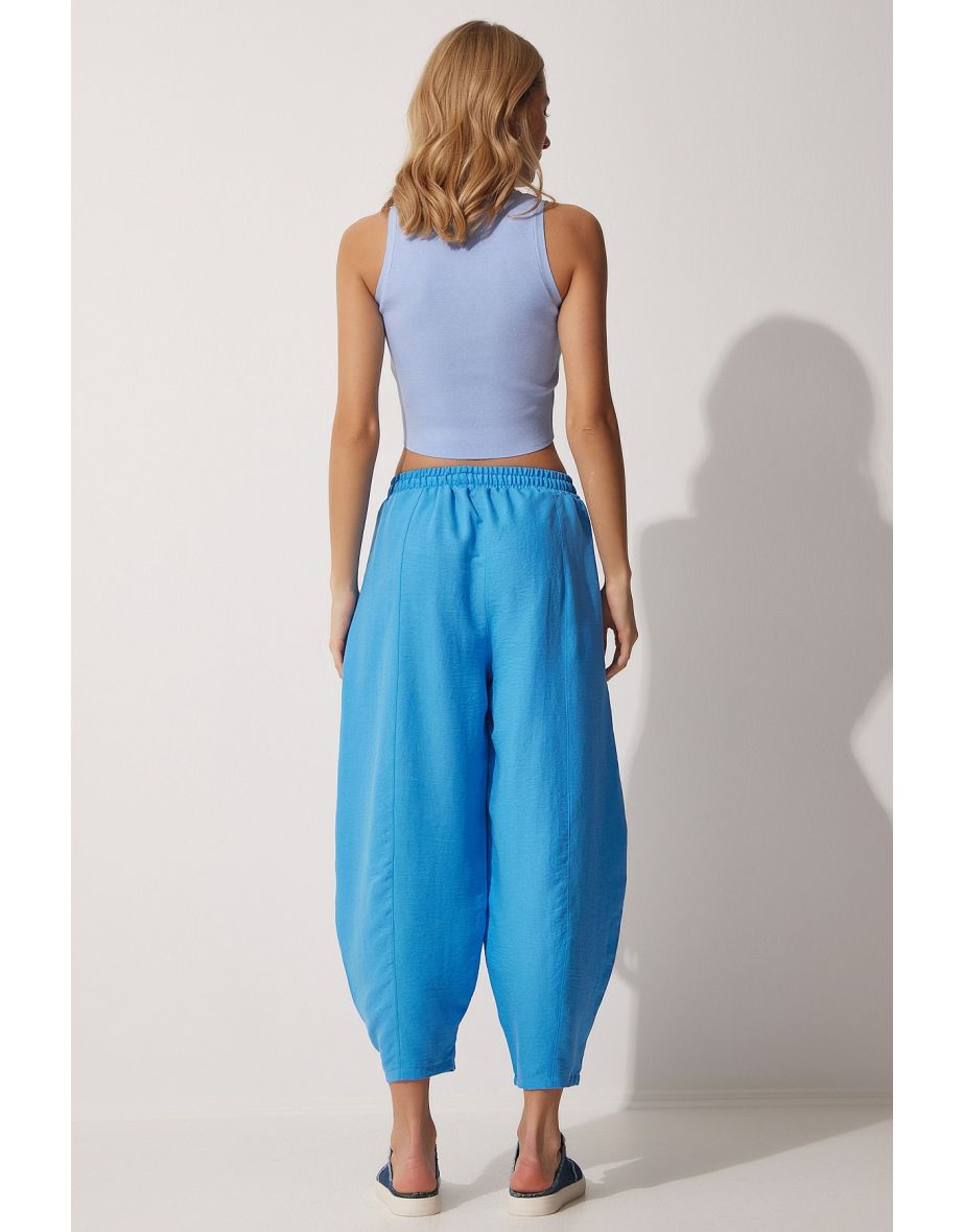 Women's Blue Linen Baggy Trousers - 4
