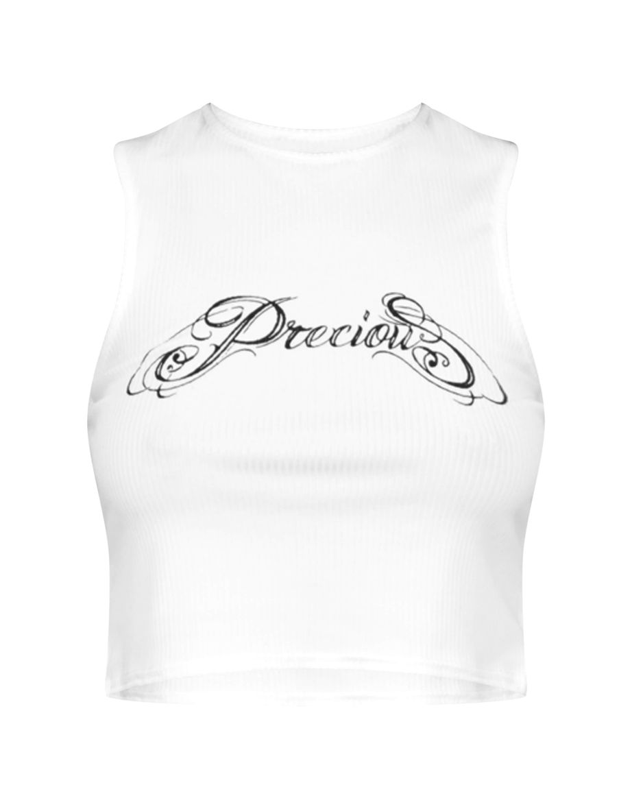 White Graphic Print Racer Neck Crop Top - 4