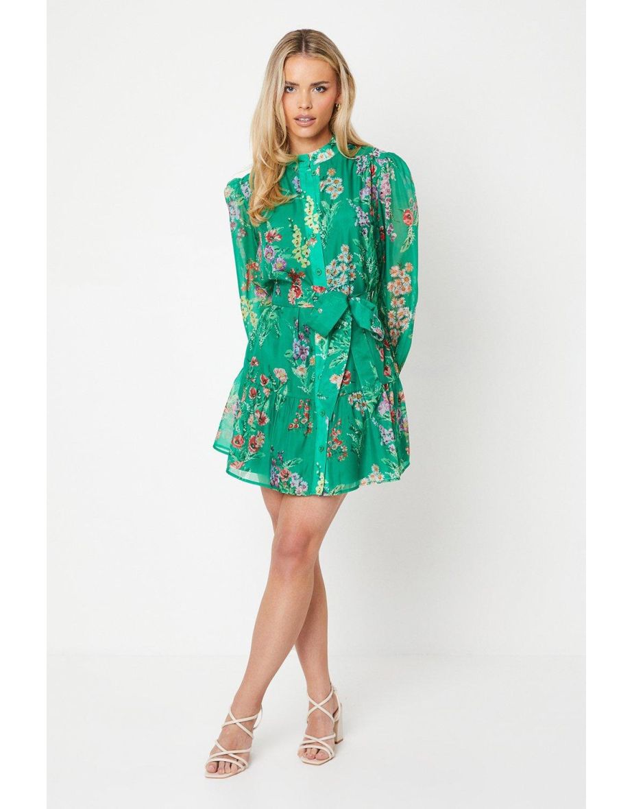 Petite Green Floral Organza Mini Shirt Dress
